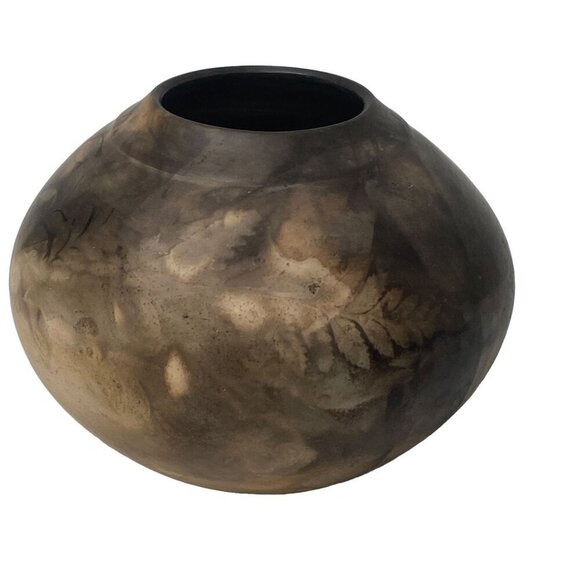 Studio Earthenware Pottery Signed M.Borg Round Vase 4.25" high Brown Leaf Design - Picture 10 of 12